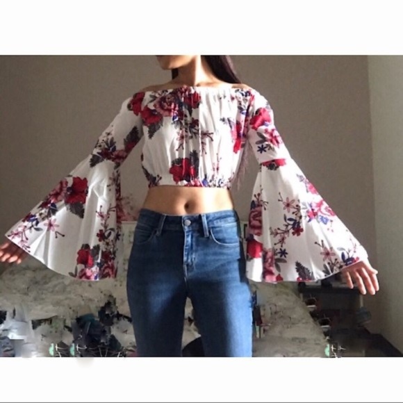 Tops - Floral Tiered Bell Sleeve Off Shoulder Crop Top